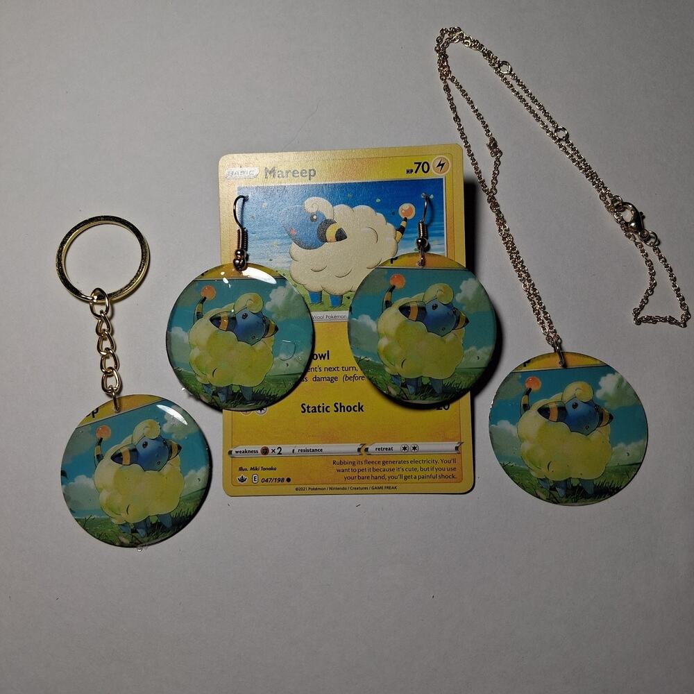Handmade Mareep Jewelry Set Earrings Necklace Keychain Set Round Resin Card